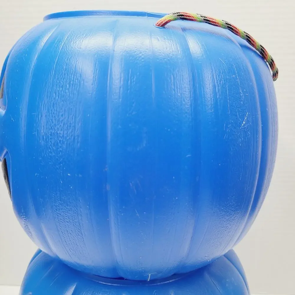 2 Halloween 8” BLUE Blow Mold Pumpkin Trick or Treat Pails W/Rope Handles